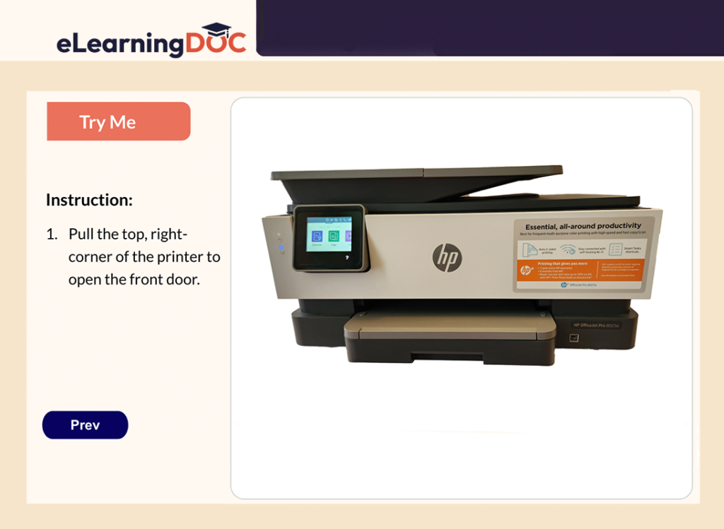Slide showing a printer with an written instruction to replace the ink cartridge
