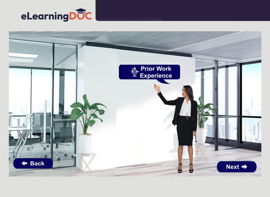 Example of Storyline Module with illustration a women standing at a whiteboard