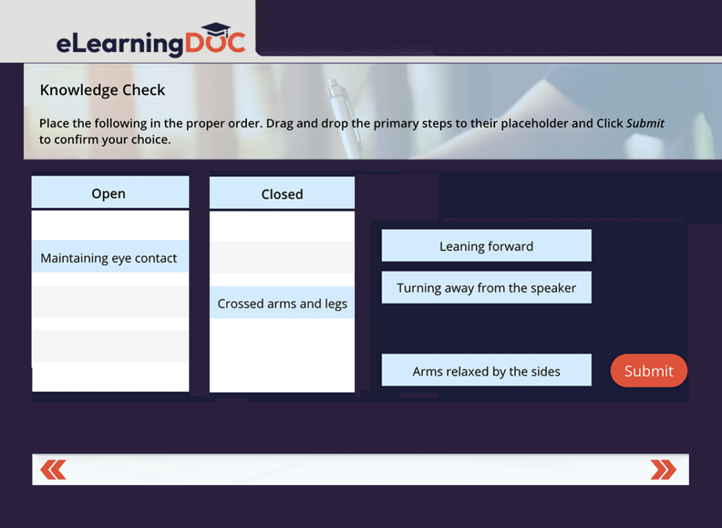 Example of a Drag and Drop Module showing words to drop in each category to answer questions