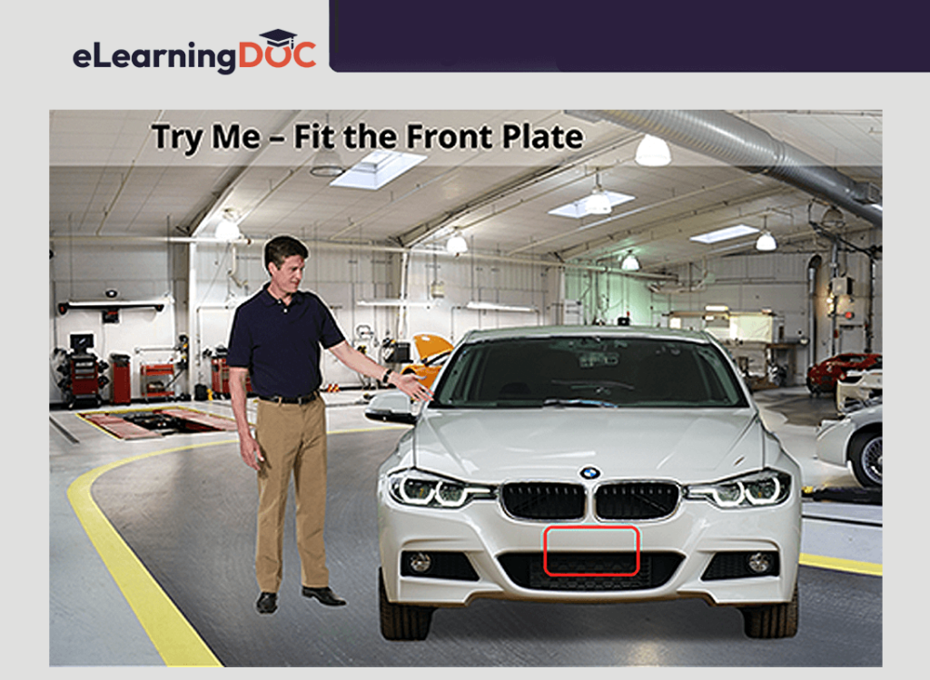 Slide showing a man standing with a car explaining how to put a license plate on a car