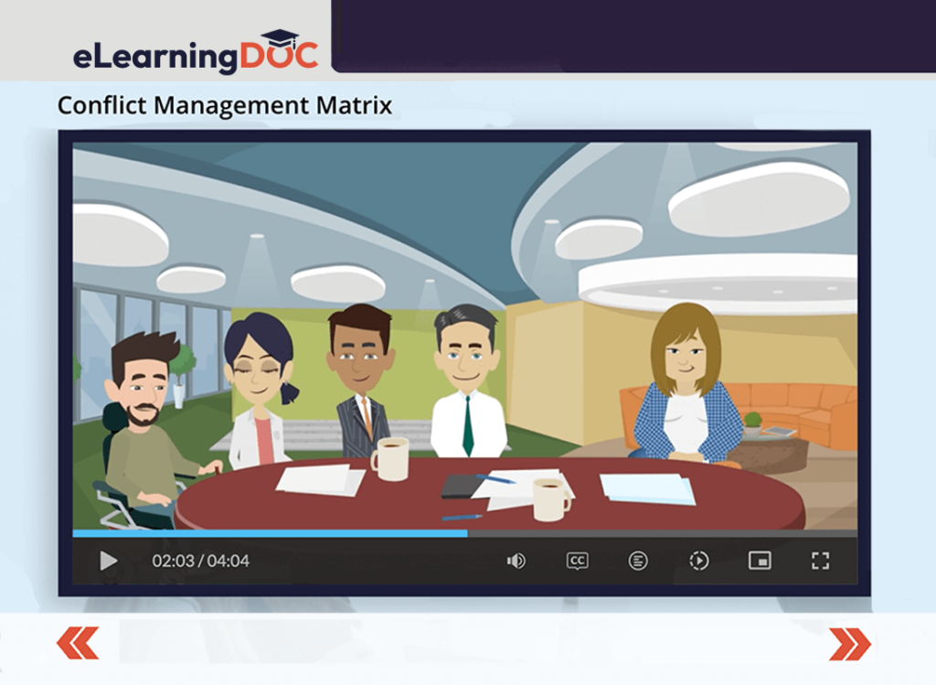 A single screen of a Video Scenario showing illustrated people sitting at a conference table