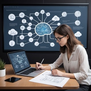 a female working on draft plans with a graphical representaition of a brain connected to IoT