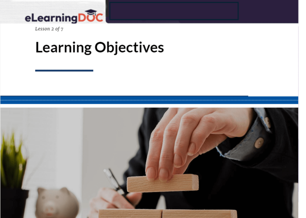the first page of an online module with the word Learning Objectives