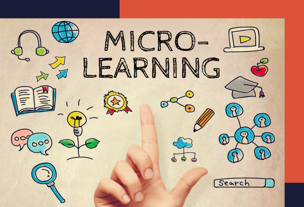 several learning icons on a paper background with the word "micolearning" in the middle