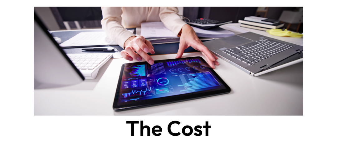 a female working on a laptop and tablet with charts. The words "The Cost" added at the bottom