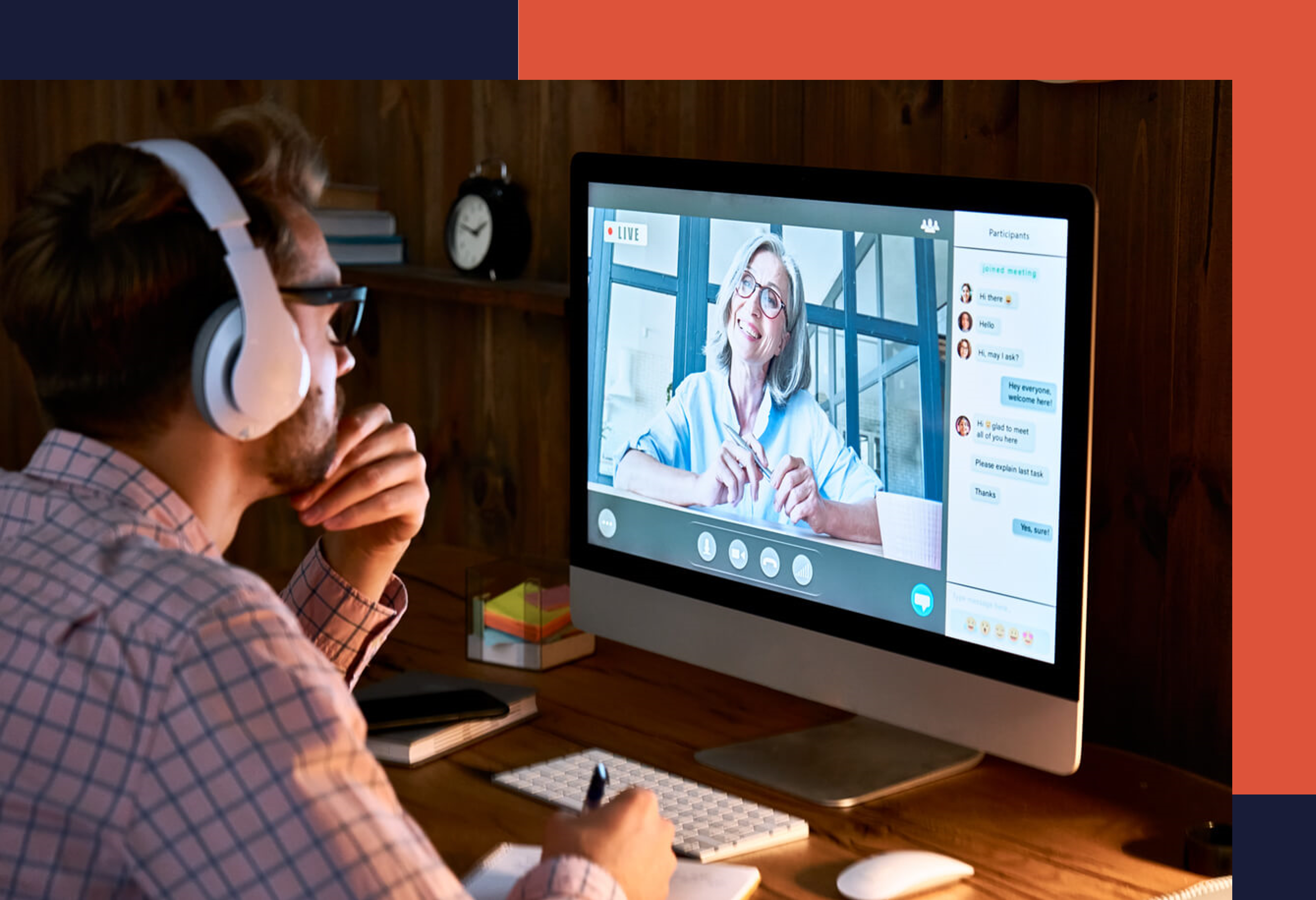 Male student wearing headphones taking online course training, watching webinar, remote seminar university class, virtual learning with social distance web teacher, tutor or coach on computer screen.