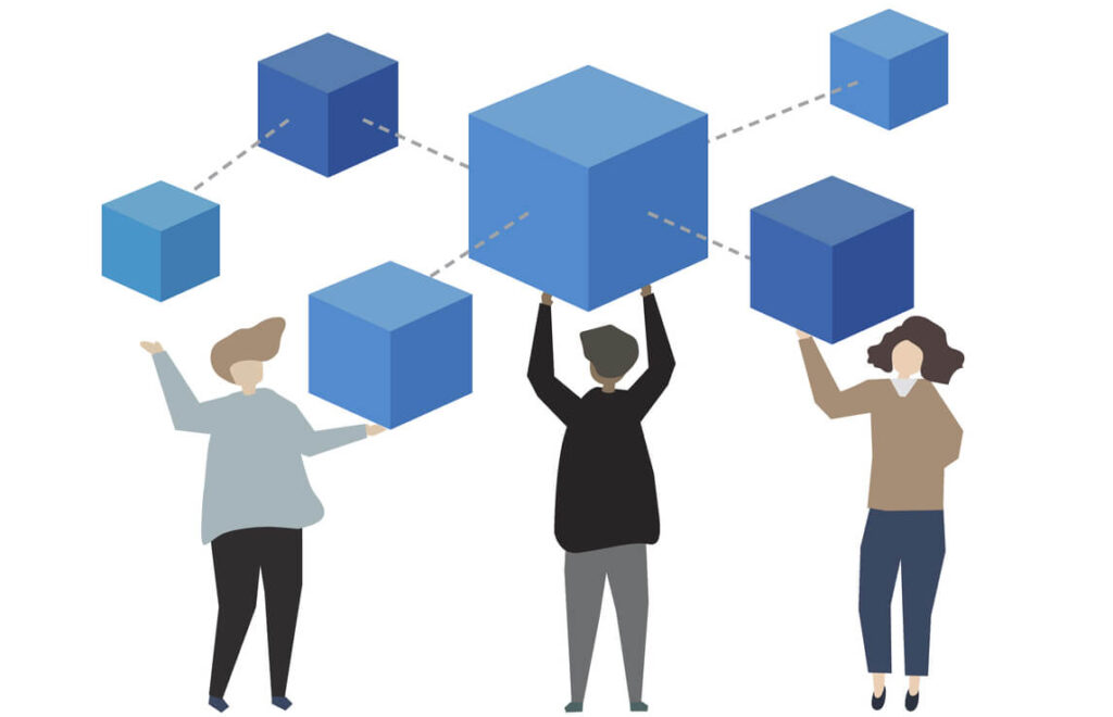 cartoon graphic of people holding blocks of data