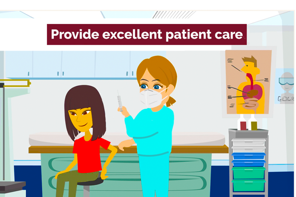 Illustration of a nurse giving a patient a shot in an exam room.
