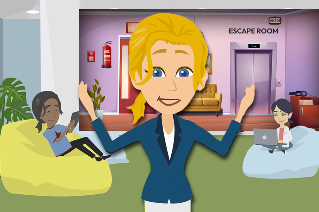 Illustration of woman standing at the entrance to an office room.