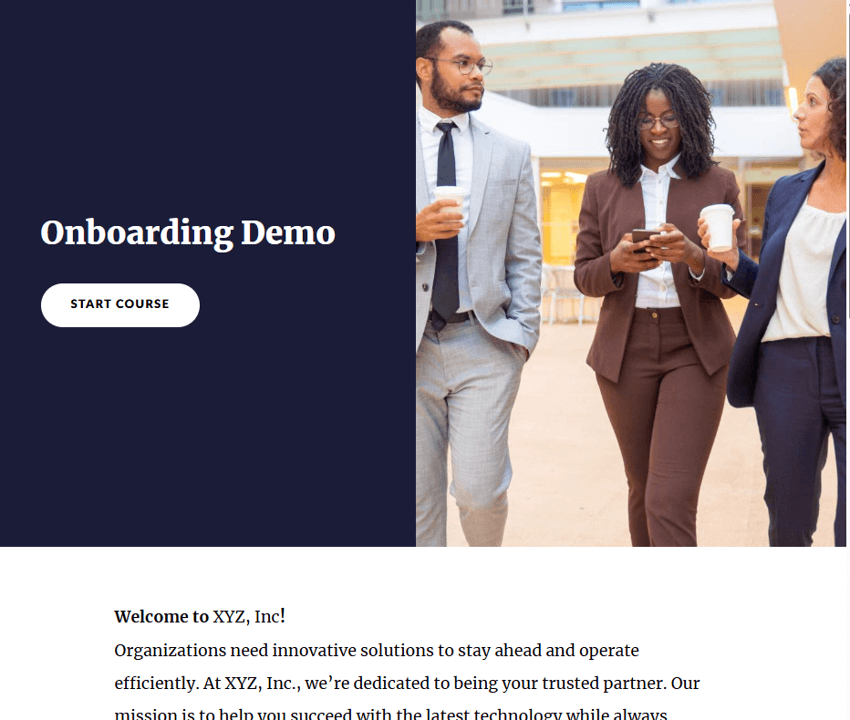 Home screen for an onboarding course showing the course title and 3 colleagues walking with coffee.