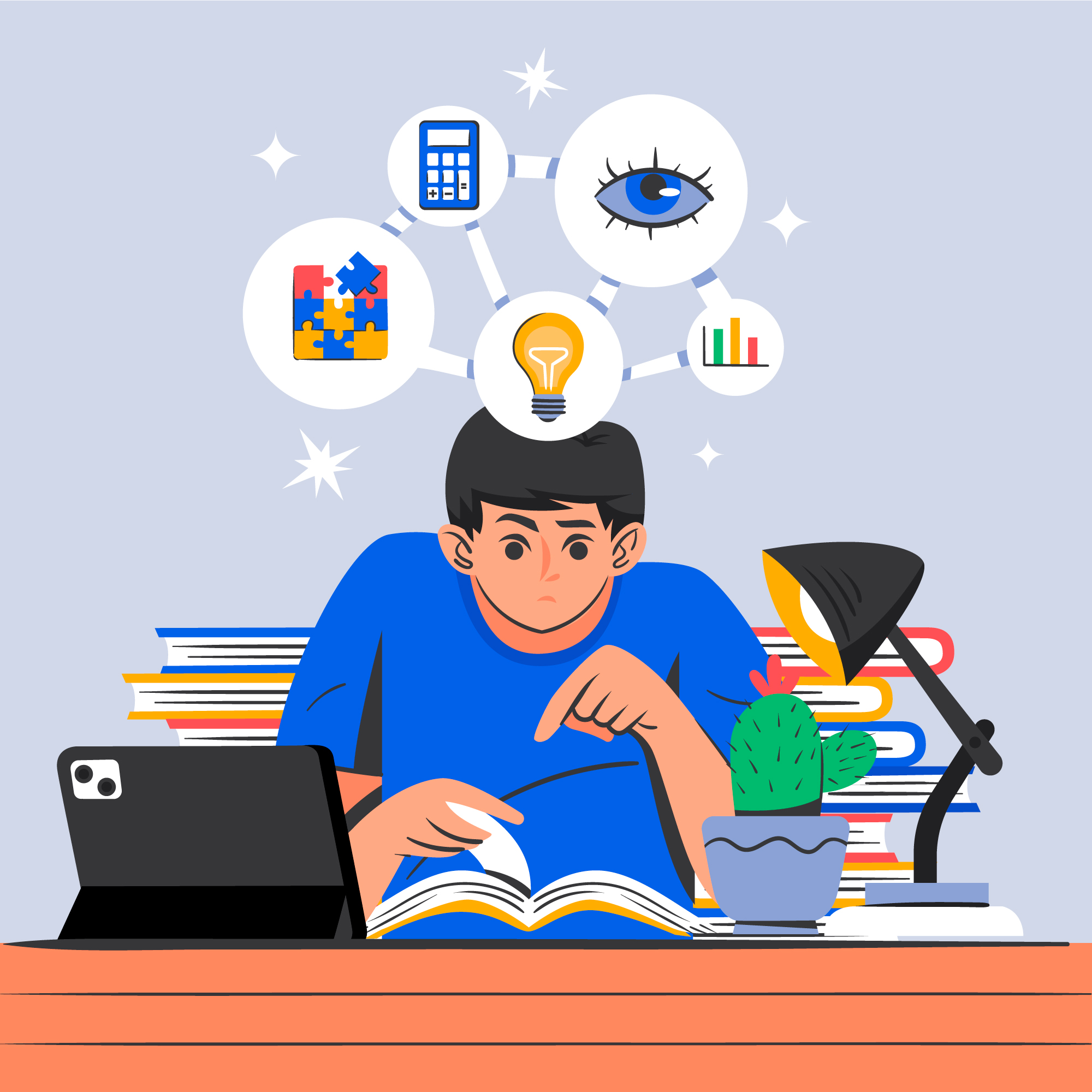 man at a desk reading and understading using learned skills