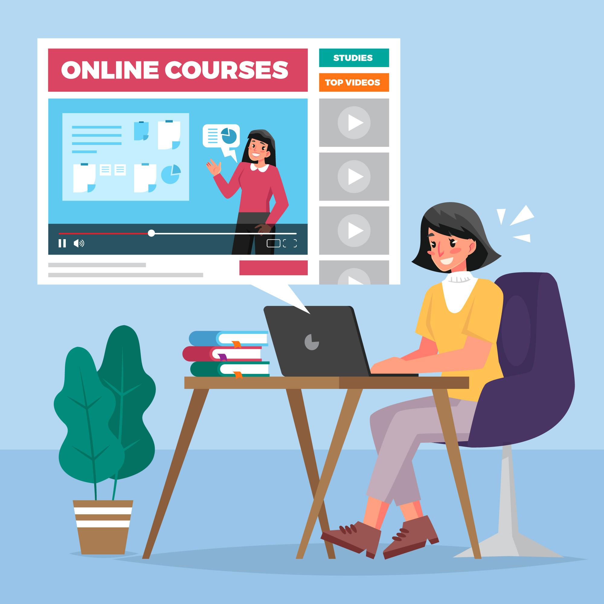 woman sitting at a desk taking online courses