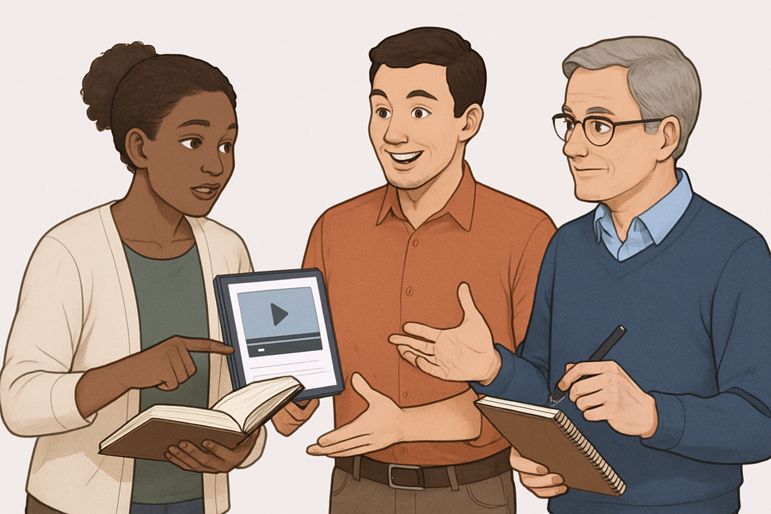three people interacting with one another using three different resources