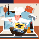 chef in kitchen cooking using technology