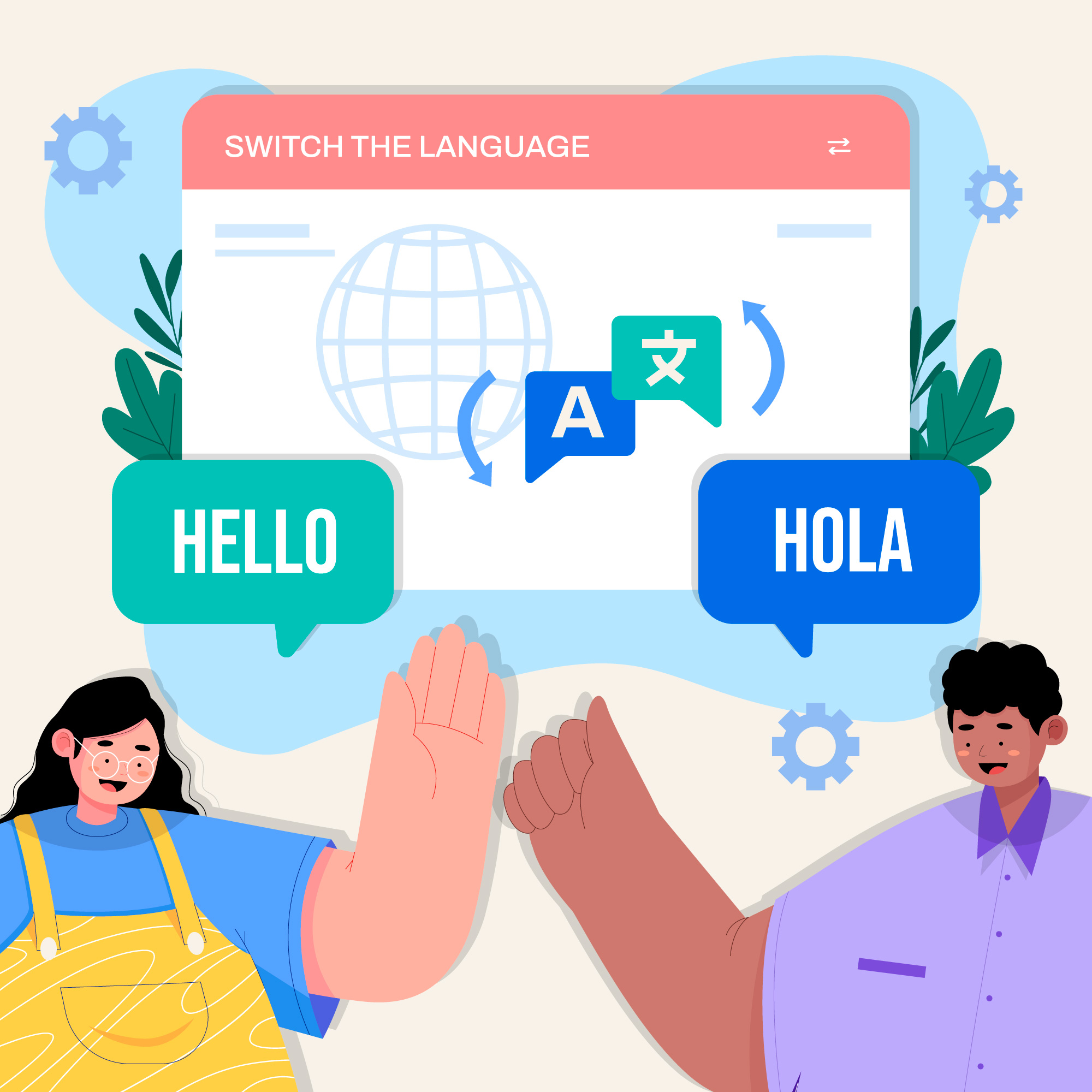Picture of two people choosing different languages on a screen