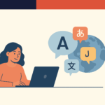 Woman sitting on computer with a world and different languages around it