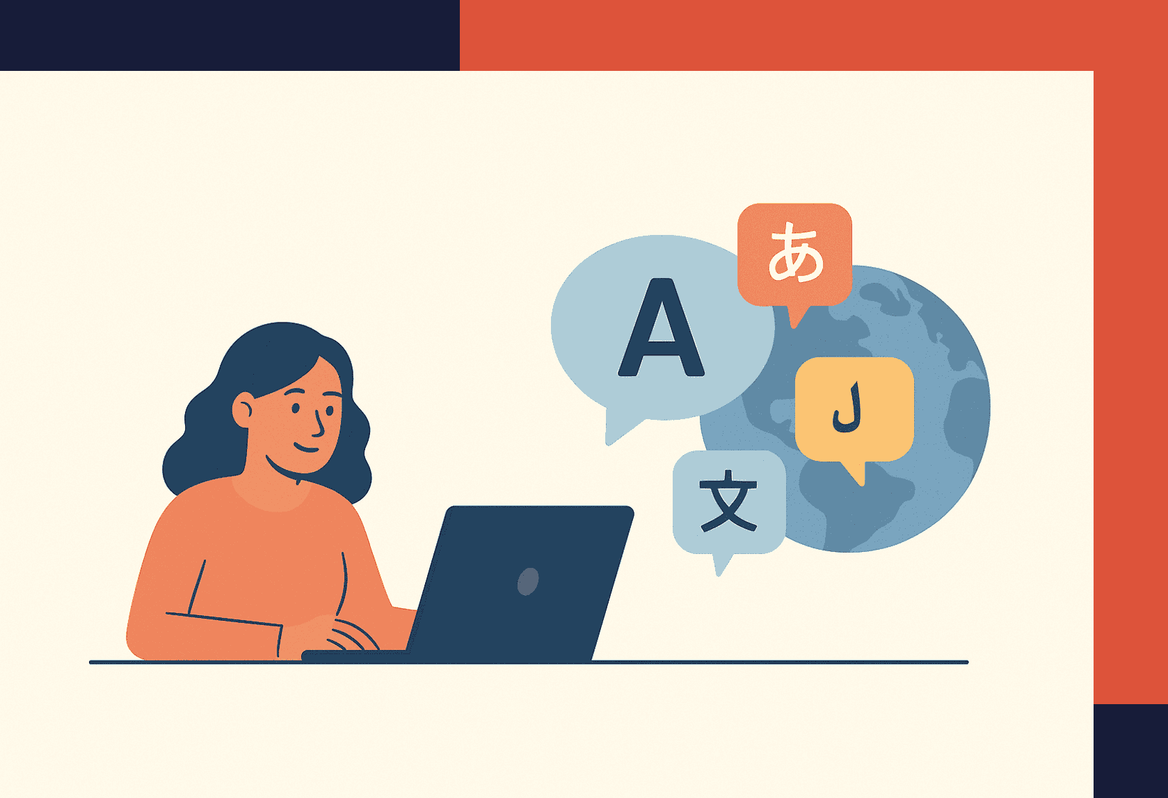 Woman sitting on computer with a world and different languages around it