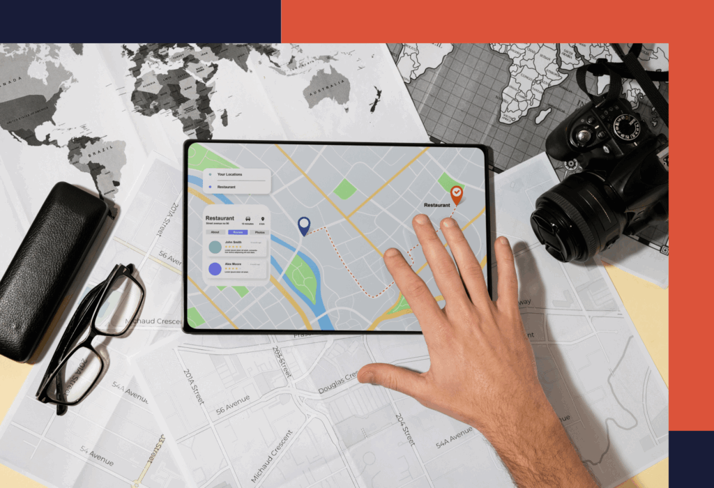 A tablet with a GPS overtop of a map