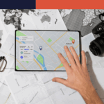 A tablet with a GPS overtop of a map