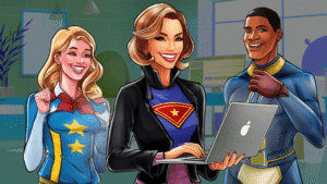 Three professional people dressed as superheroes.