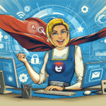 Professional woman working on computer wearing a superhero costume.