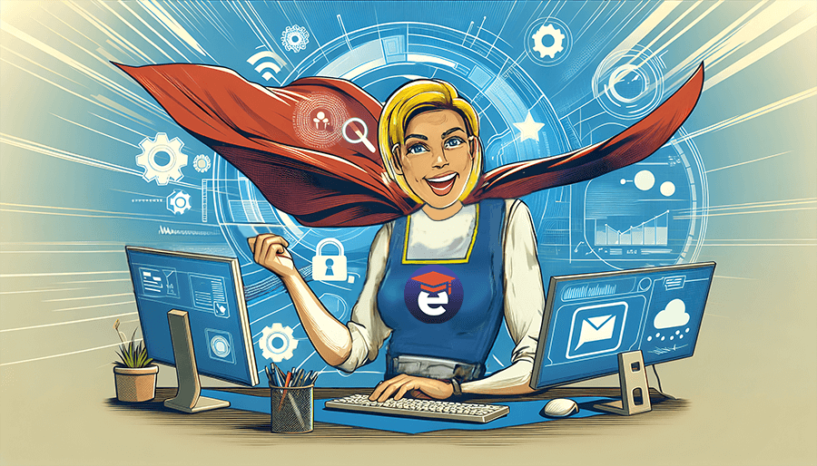 Professional woman working on computer wearing a superhero costume.