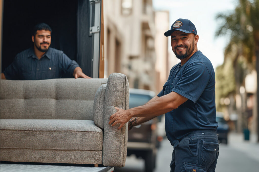 Two men delivering furniture from a truck.
